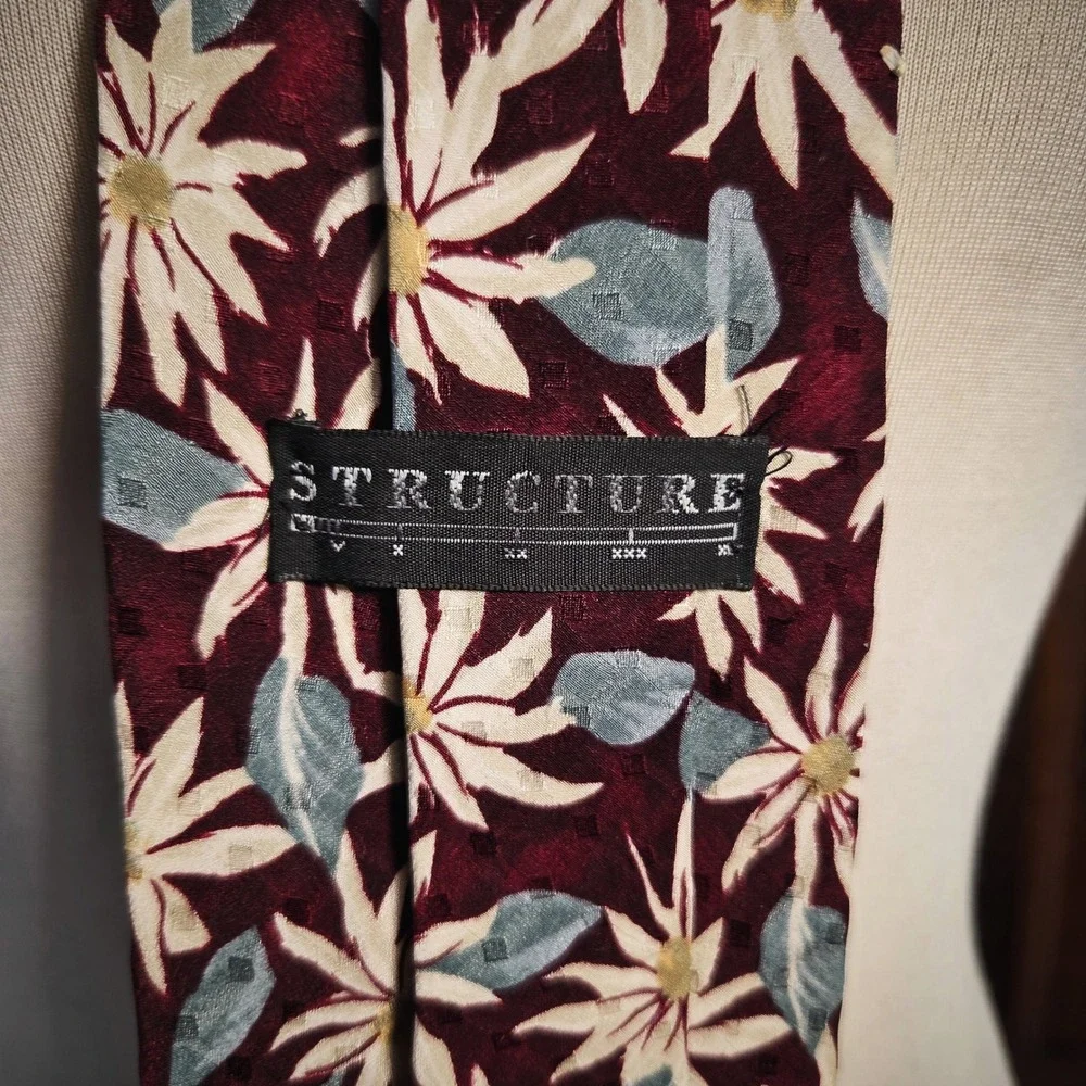 Structure Silk Tie Vintage 90s Floral Burgundy Red Blue Made in USA Men Tie